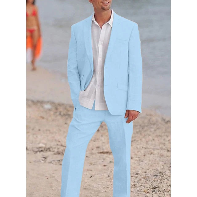 Men's Tailored Fit Single Breasted Two-buttons 2 Pieces Solid Colored Linen Suits