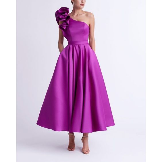 A-Line One-Shoulder Wedding Guest Cocktail Dresses Tea-Length With Ruf - Mondressy A-Line One-Shoulder Wedding Guest Cocktail Dresses Tea-Length With Ruf - Mondressy