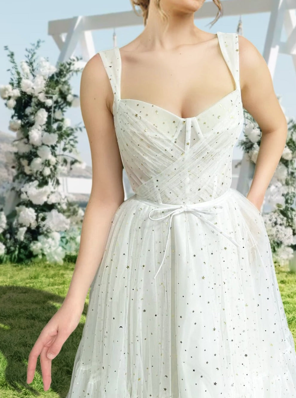A-Line/Princess Straps Sleeveless Long Formal Prom Dresses With Spot