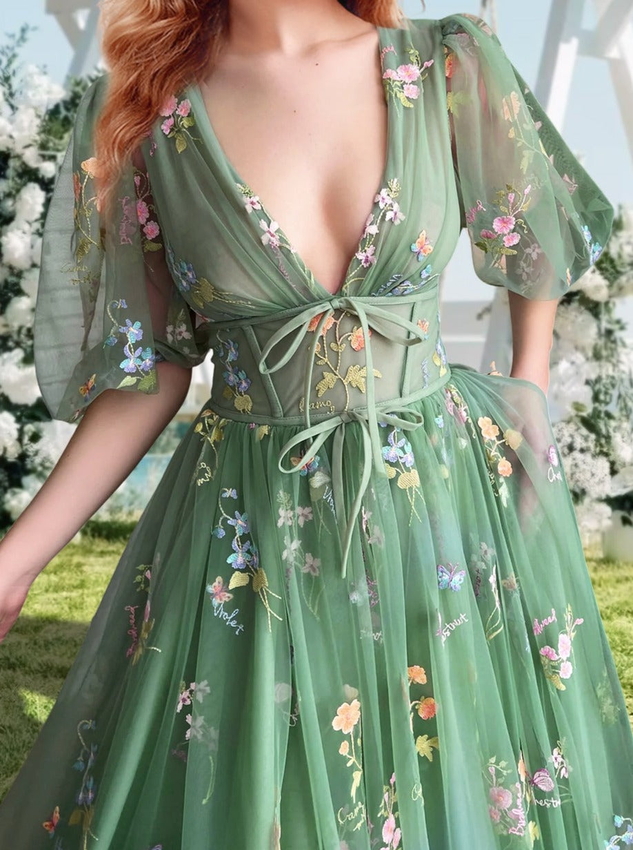 A-Line/Princess V-Neck Short Sleeves Floral Long Formal Prom Dresses With Flowers