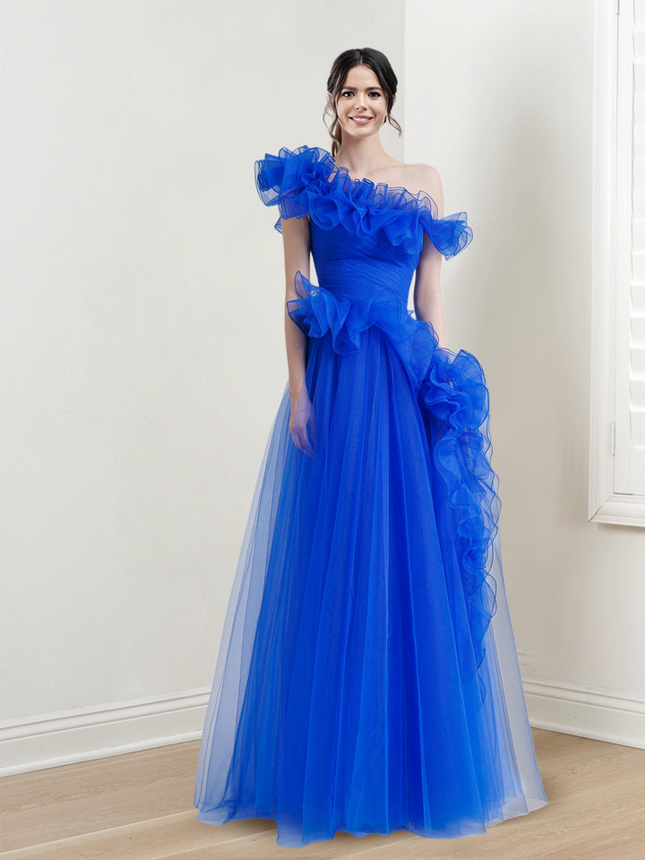 A-Line/Princess One-Shoulder Sleeveless Floor-length Long Prom Dresses Whit Ruffles
