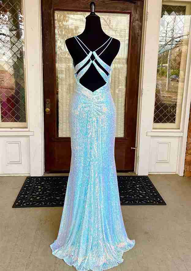 Sheath/Column V-Neck Spaghetti Straps Sweep Floor-Length Long Prom Dresses with Belt Split Side