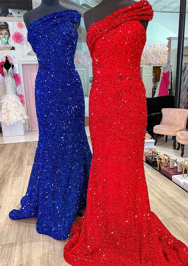 Mermaid/Trumpet Off-The-Shoulder Sleeveless Long Prom Dresses With Sequins Split Side