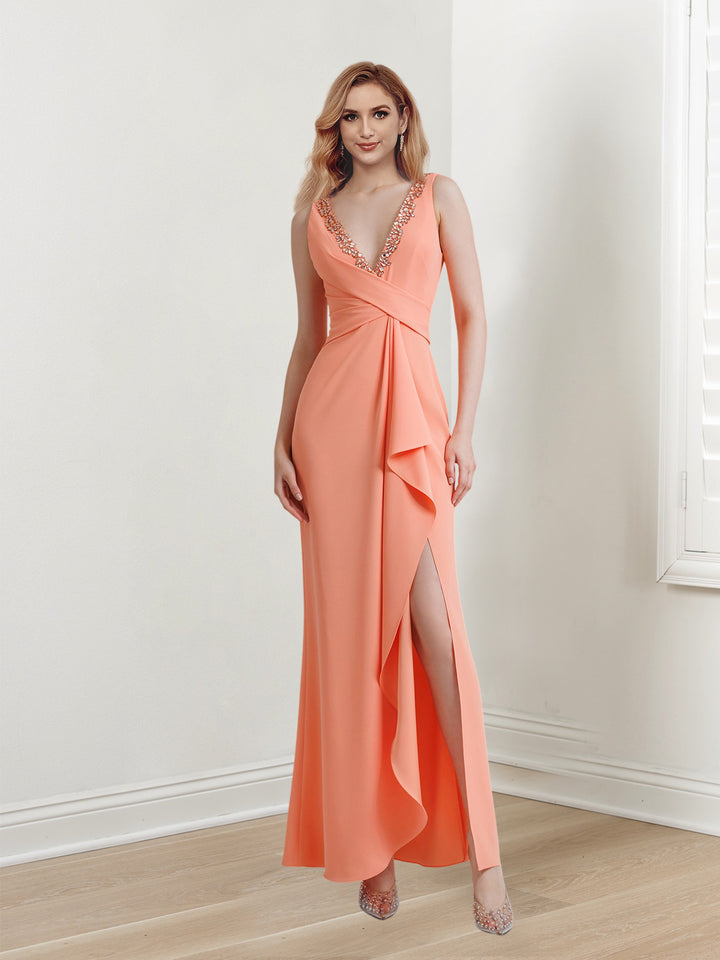 Sheath/Column V-Neck Sleeveless Floor-Length Long Prom Dresses with Split Side