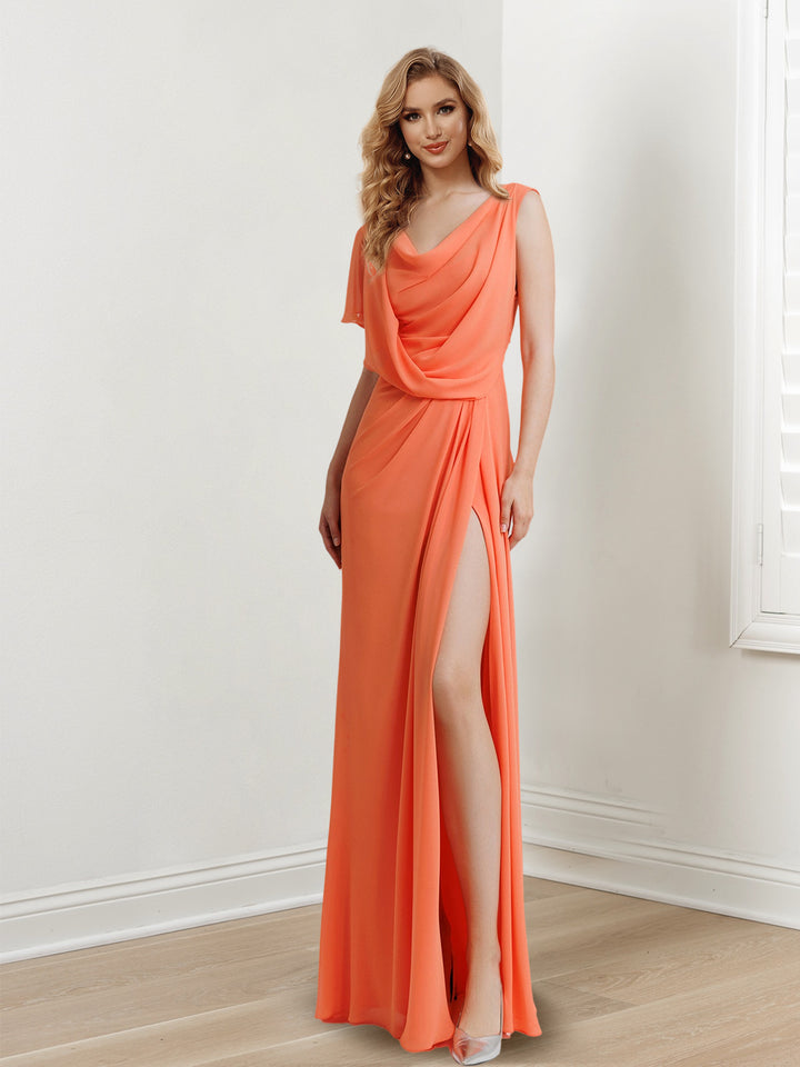 Sheath/Column Scoop Sleeveless Floor-Length Long Prom Dresses with Split Side