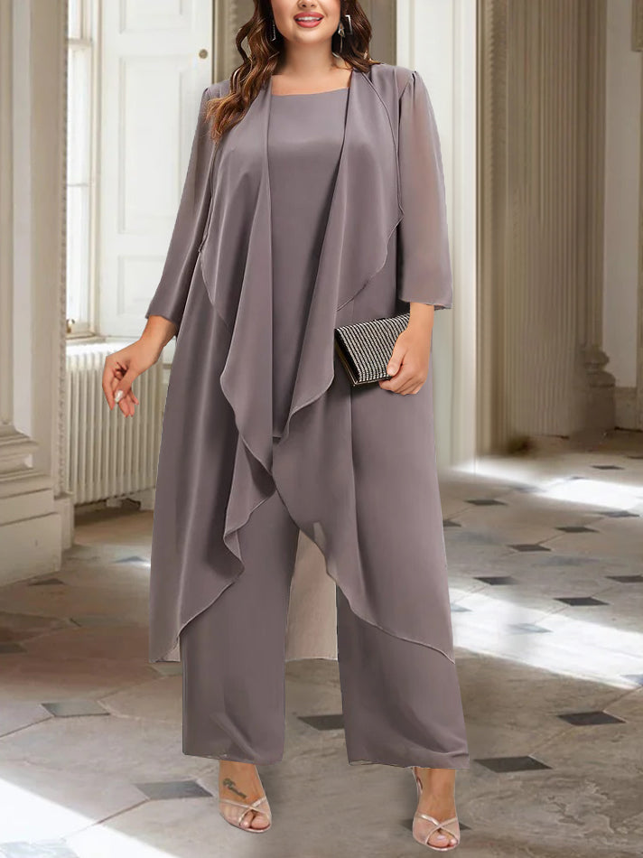 Chiffon Round Neck 3/4 Length Sleeves Ankle-Length Mother of the Bride Pantsuits with Jacket