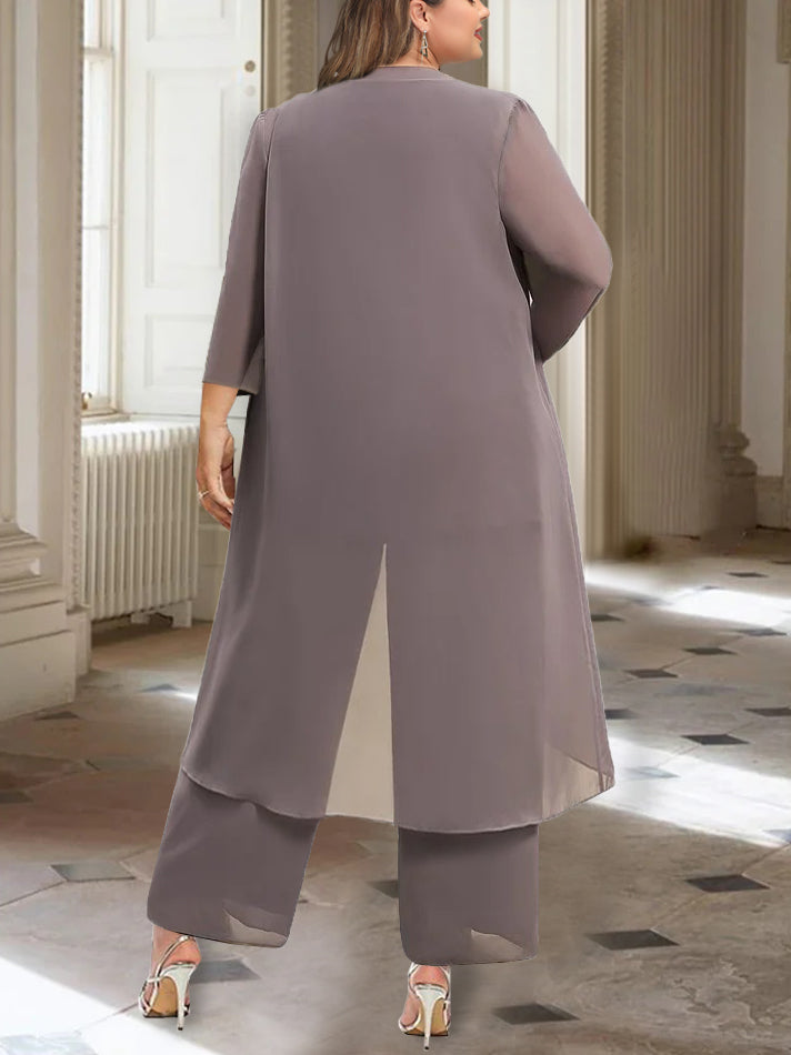 Chiffon Round Neck 3/4 Length Sleeves Ankle-Length Mother of the Bride Pantsuits with Jacket