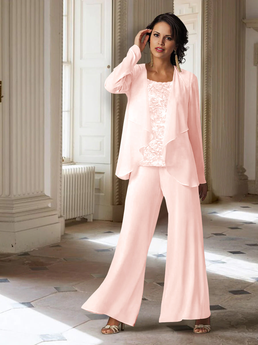 Chiffon Long Sleeves Mother of the Bride Pantsuits with Jacket Plum