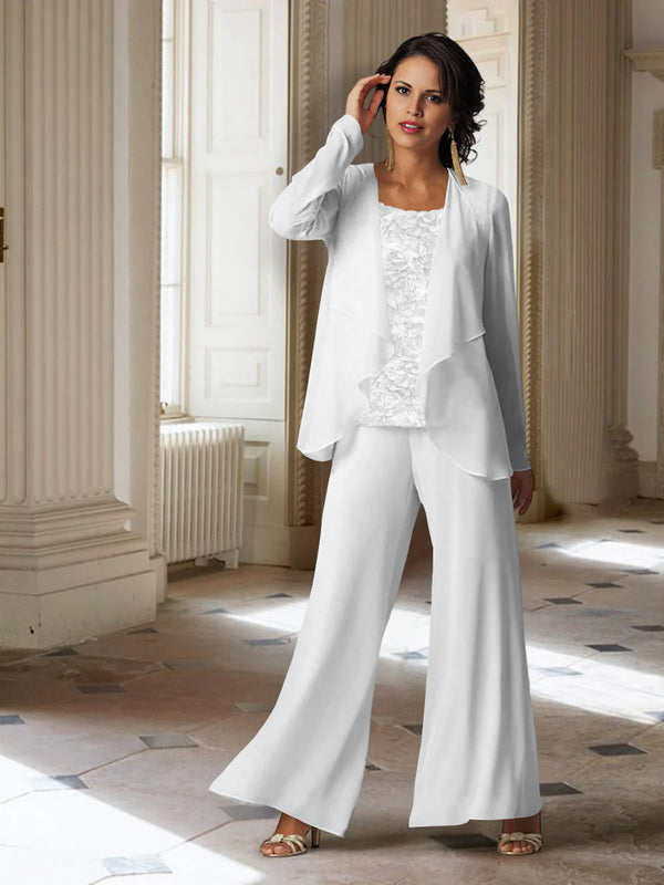 White Chiffon Long Sleeves Mother of the Bride Pantsuits with Jacket