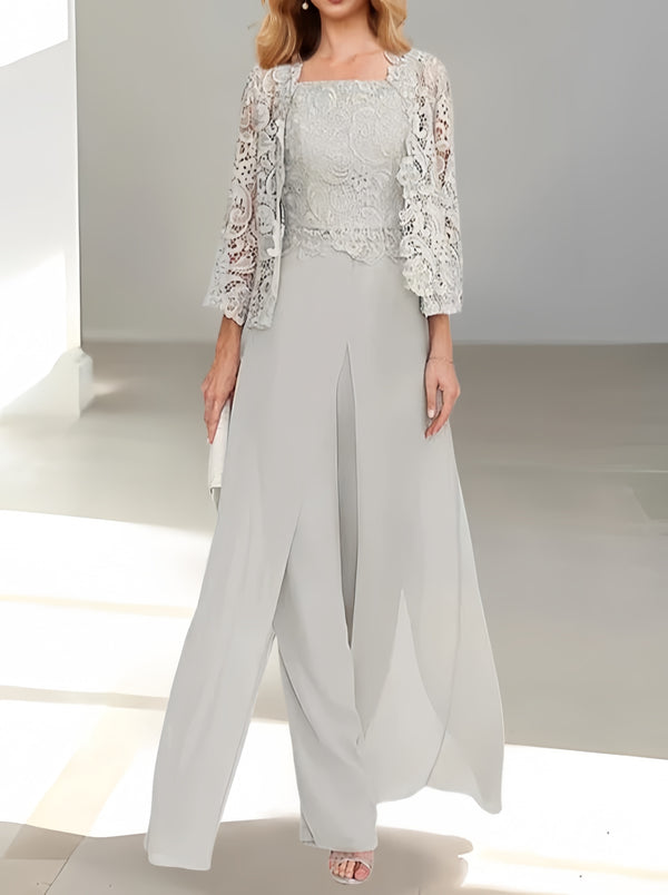 Silver gray 3-piece chiffon mother of the bride pant suits with square neck sleeveless top, long-sleeved jacket, and floor-length split side trousers.