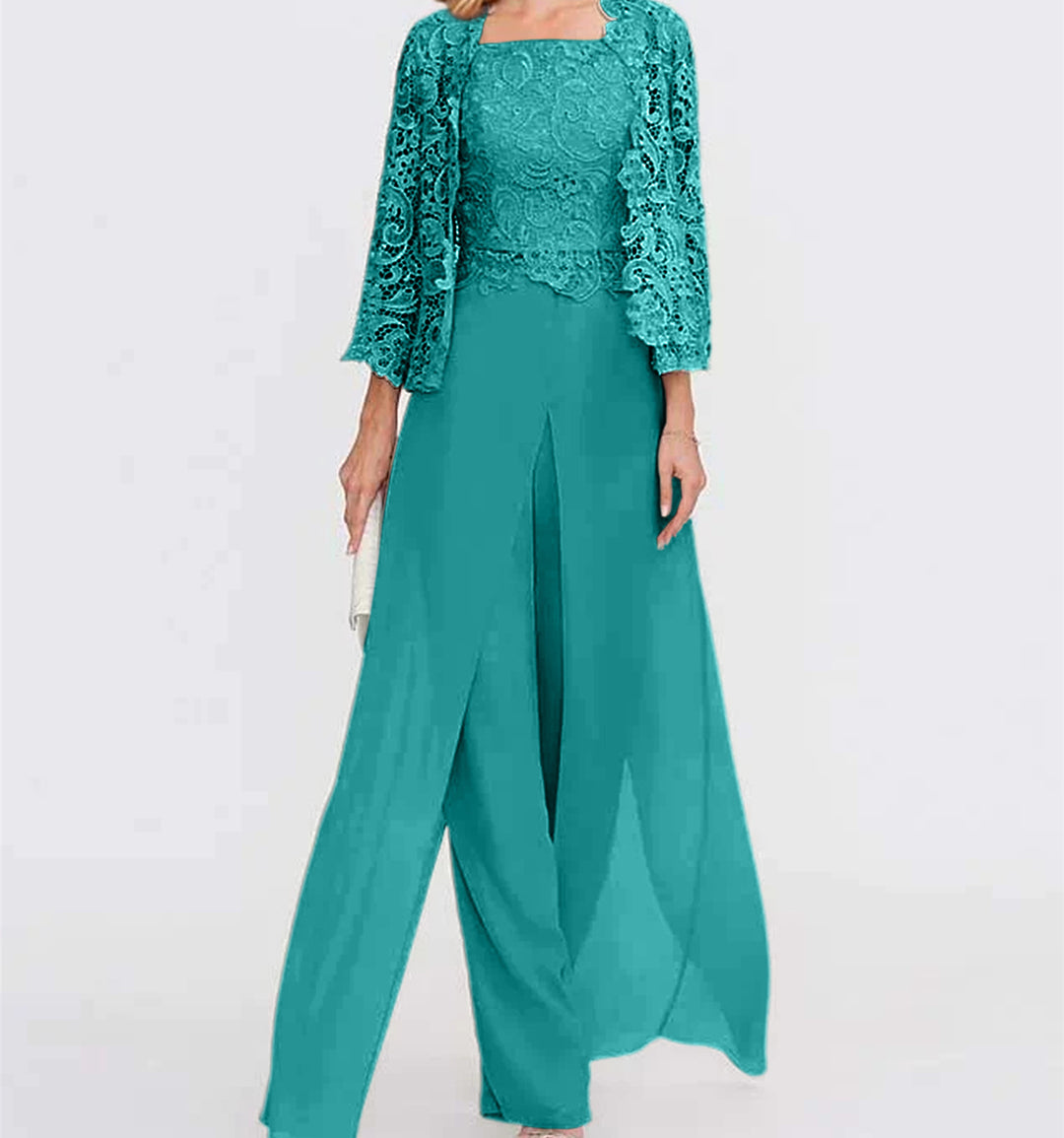 Chiffon Long Sleeves Mother of the Bride Pantsuits with Jacket & Lace