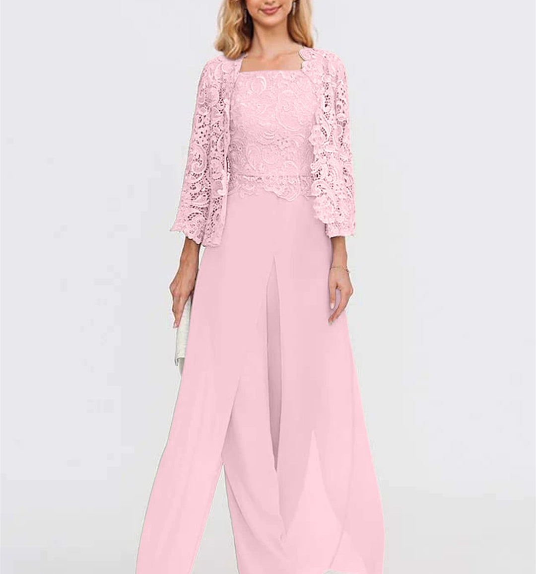 Chiffon Long Sleeves Mother of the Bride Pantsuits with Jacket & Lace
