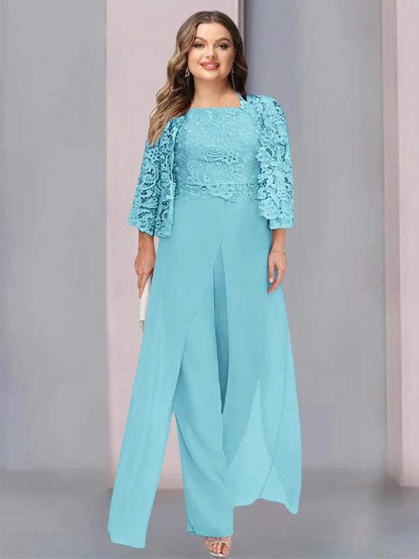 Chiffon Square Neck Floor-Length Plus Size Mother of the Bride Pantsuits with Jacket & Split Side