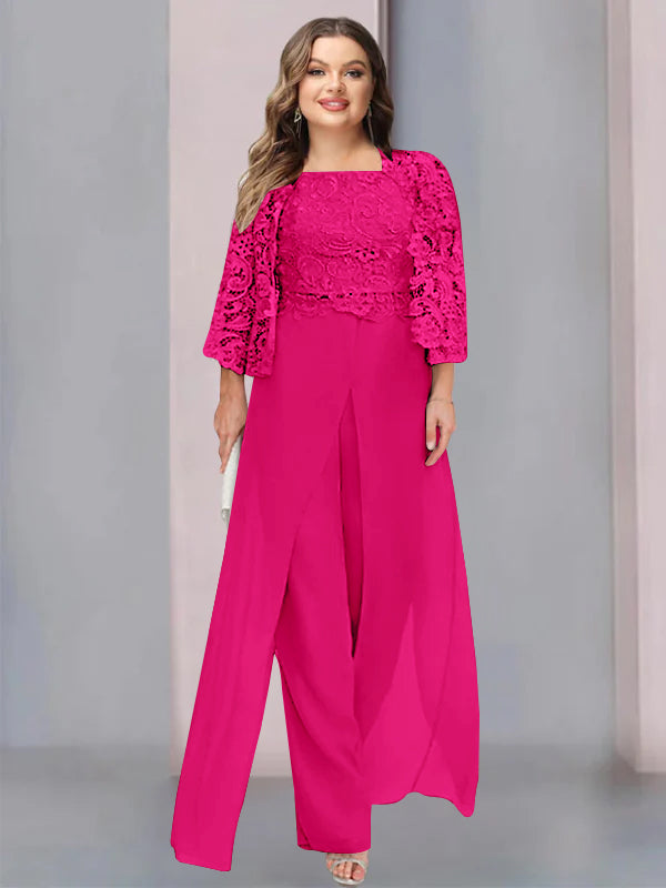 Chiffon Square Neck Floor-Length Plus Size Mother of the Bride Pantsuits with Jacket & Split Side