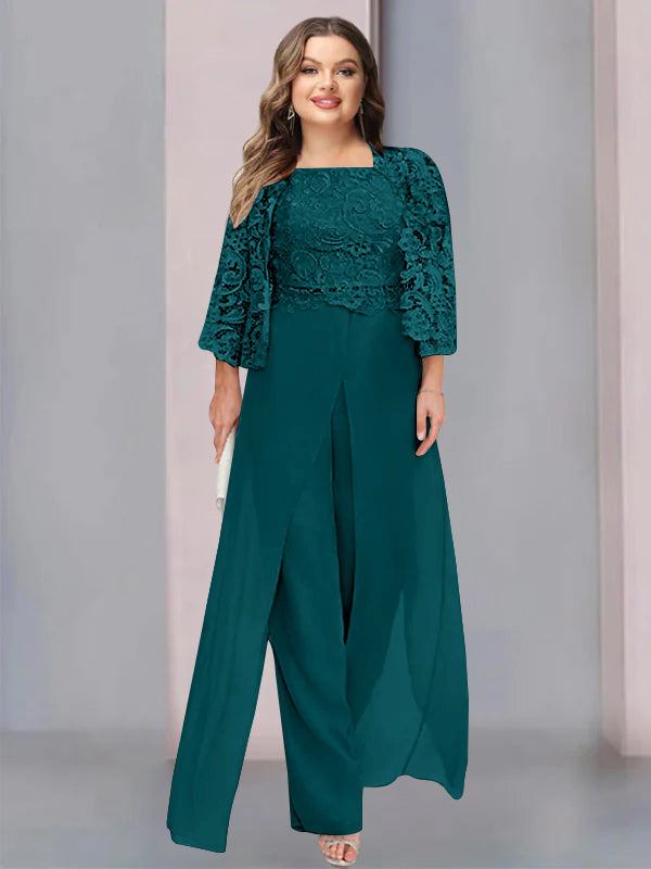 Chiffon Square Neck Floor-Length Plus Size Mother of the Bride Pantsuits with Jacket & Split Side