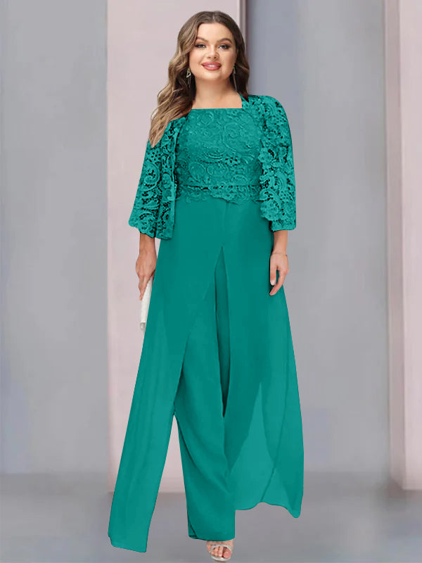 Chiffon Square Neck Floor-Length Plus Size Mother of the Bride Pantsuits with Jacket & Split Side