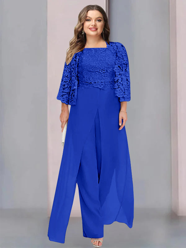 Chiffon Square Neck Floor-Length Plus Size Mother of the Bride Pantsuits with Jacket & Split Side