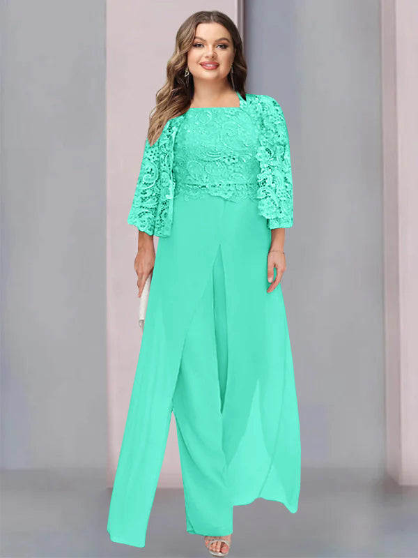 Chiffon Square Neck Floor-Length Plus Size Mother of the Bride Pantsuits with Jacket & Split Side