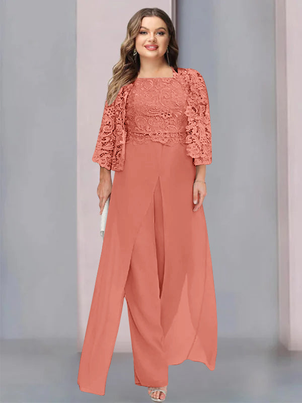 Chiffon Square Neck Floor-Length Plus Size Mother of the Bride Pantsuits with Jacket & Split Side