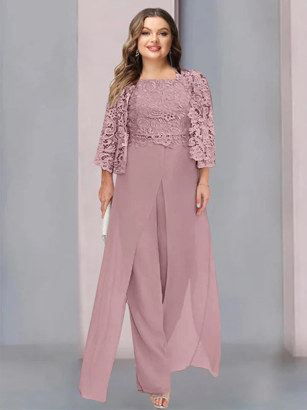 Chiffon Square Neck Floor-Length Plus Size Mother of the Bride Pantsuits with Jacket & Split Side