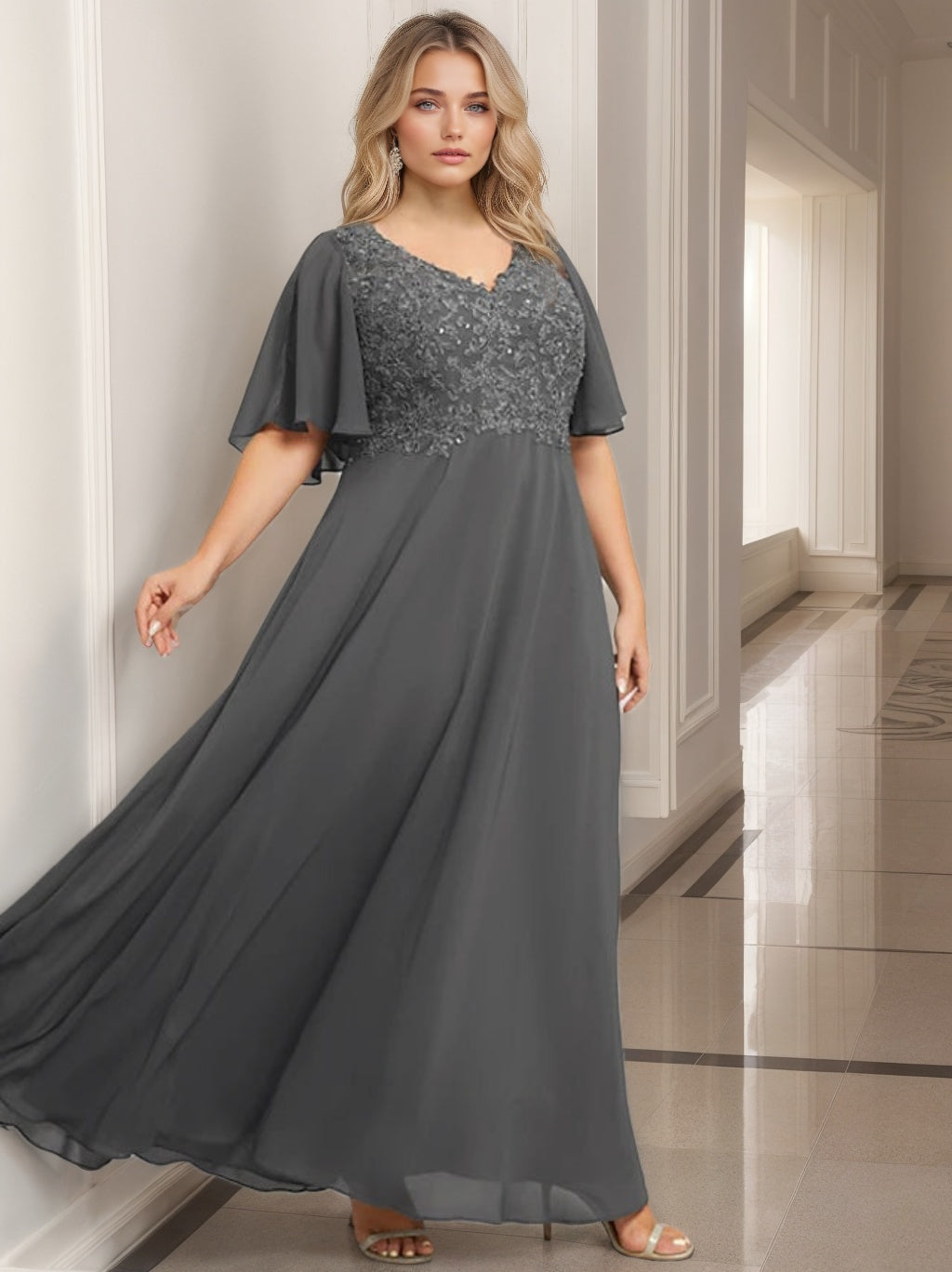 A-Line/Princess V-Neck Half Sleeves Floor-Length Mother of the Bride Dresses with Applique