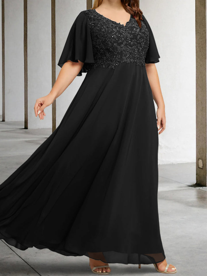 A-Line/Princess V-Neck Half Sleeves Floor-Length Mother of the Bride Dresses with Applique