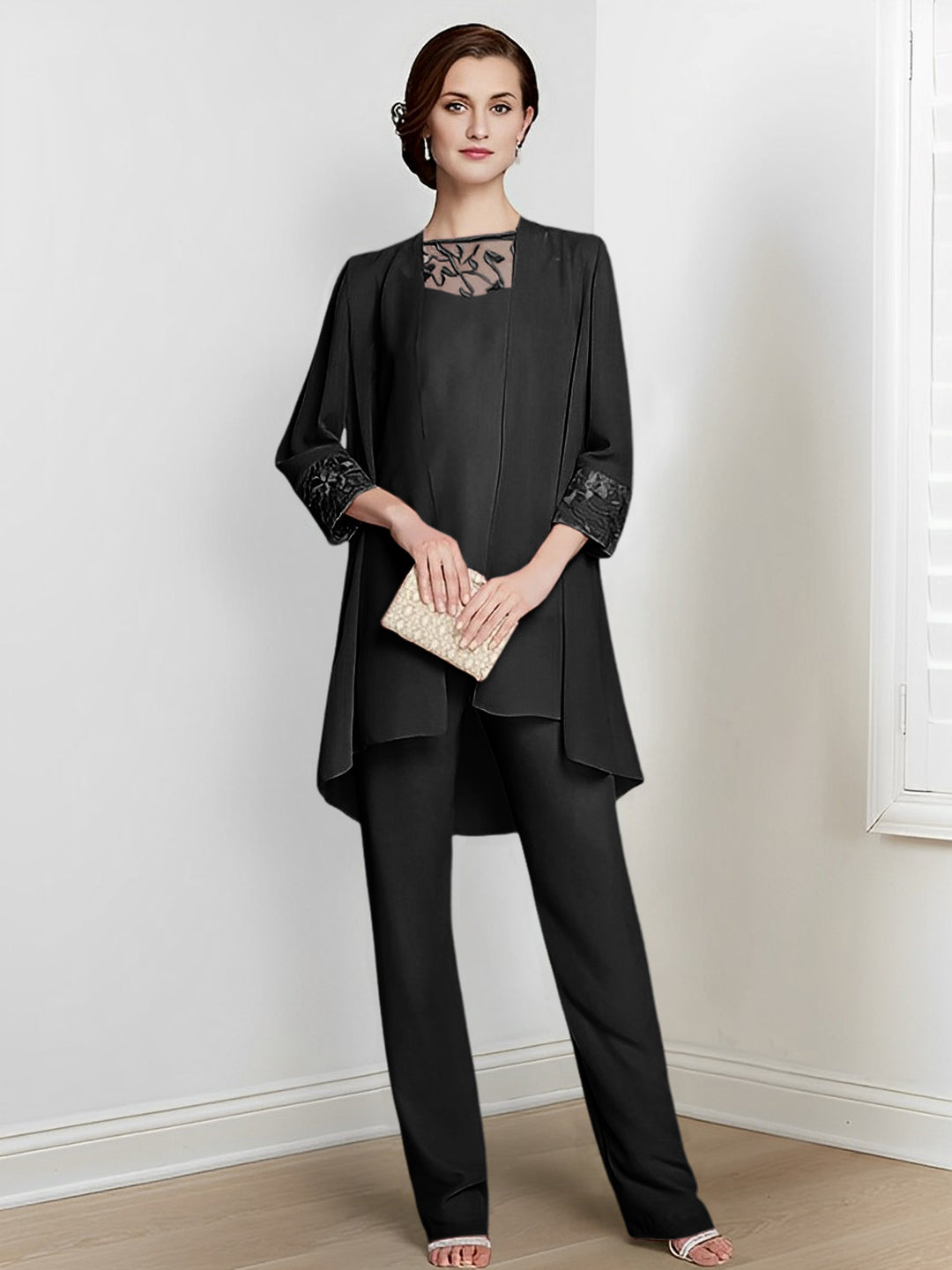 Chiffon Long Sleeves Mother Of The Bride Pantsuits With Jacket