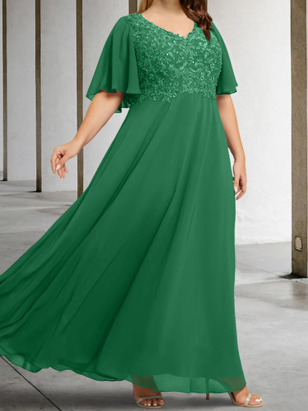 floor length half sleeve v neck maxi dress A-Line Chiffon Mother of the Bride/Groom Dress Half Sleeve V-Neck Pleated Maxi Evening Gown
