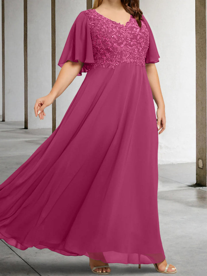 A-Line/Princess V-Neck Half Sleeves Floor-Length Mother of the Bride Dresses with Applique