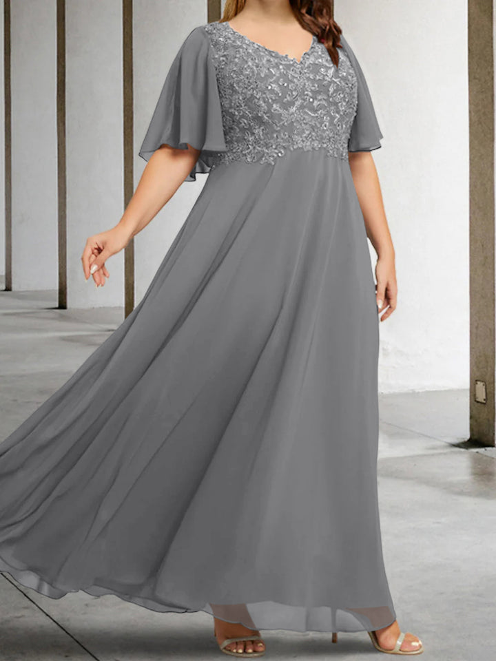 A-Line/Princess V-Neck Half Sleeves Floor-Length Mother of the Bride Dresses with Applique