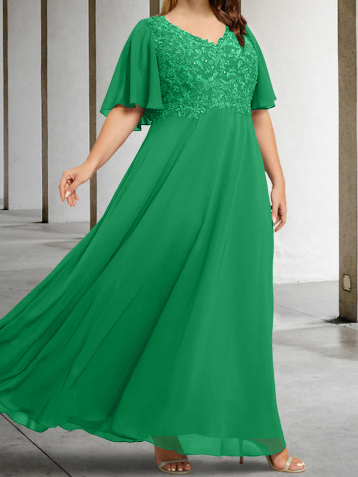 A-Line/Princess V-Neck Half Sleeves Floor-Length Mother of the Bride Dresses with Applique