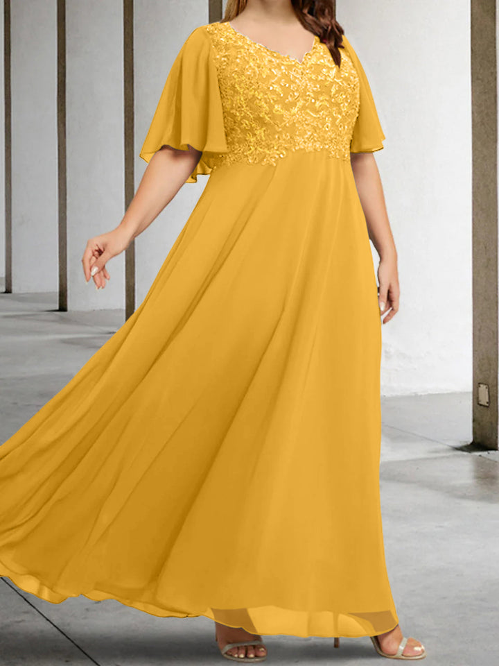 A-Line/Princess V-Neck Half Sleeves Floor-Length Mother of the Bride Dresses with Applique