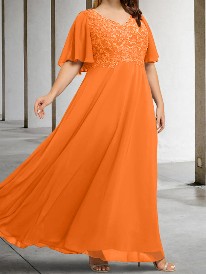 A-Line/Princess V-Neck Half Sleeves Floor-Length Mother of the Bride Dresses with Applique