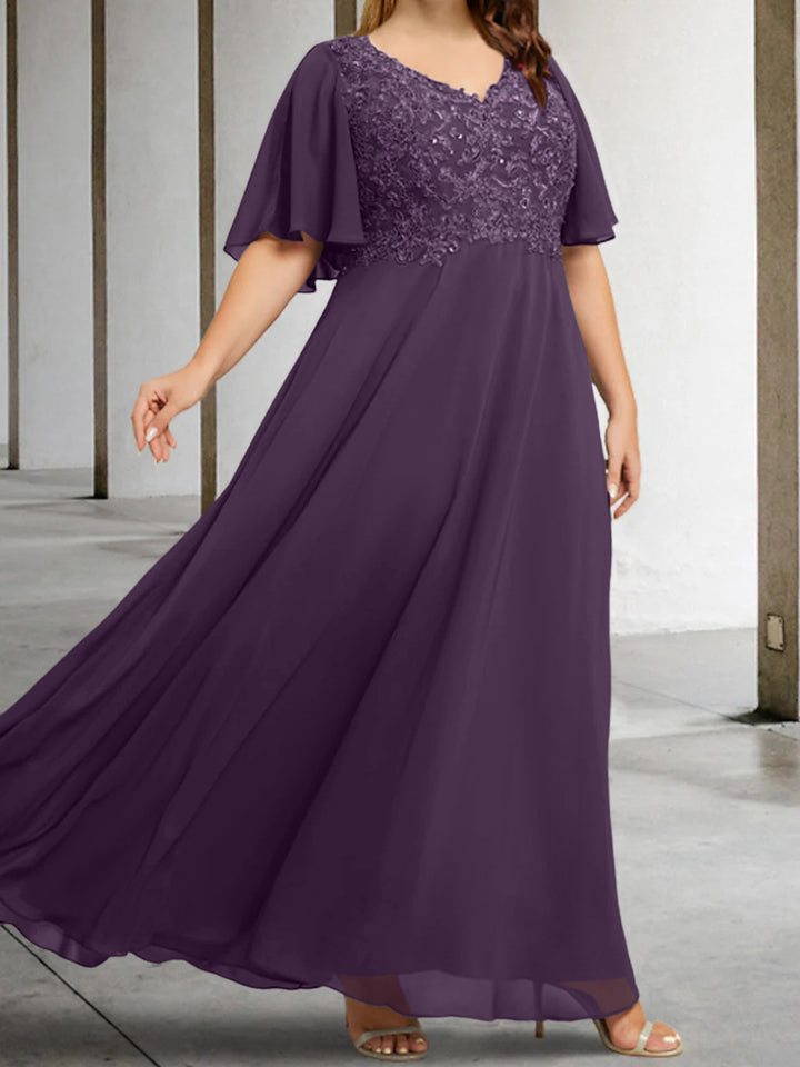 A-Line/Princess V-Neck Half Sleeves Floor-Length Mother of the Bride Dresses with Applique