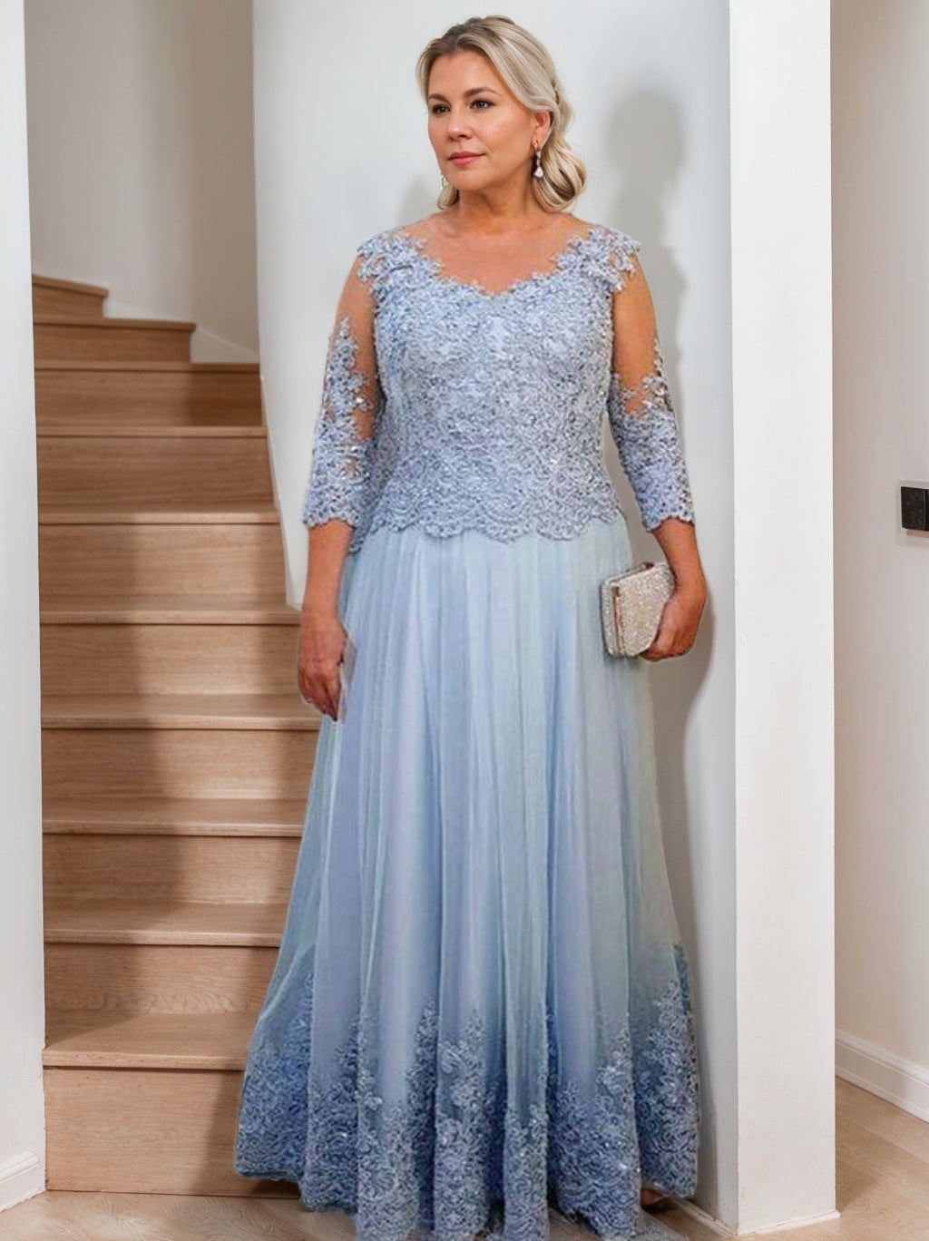 A-Line/Princess Sheer Neck 3/4 Length Sleeves Floor-Length Mother of the Bride Dresses with Applique