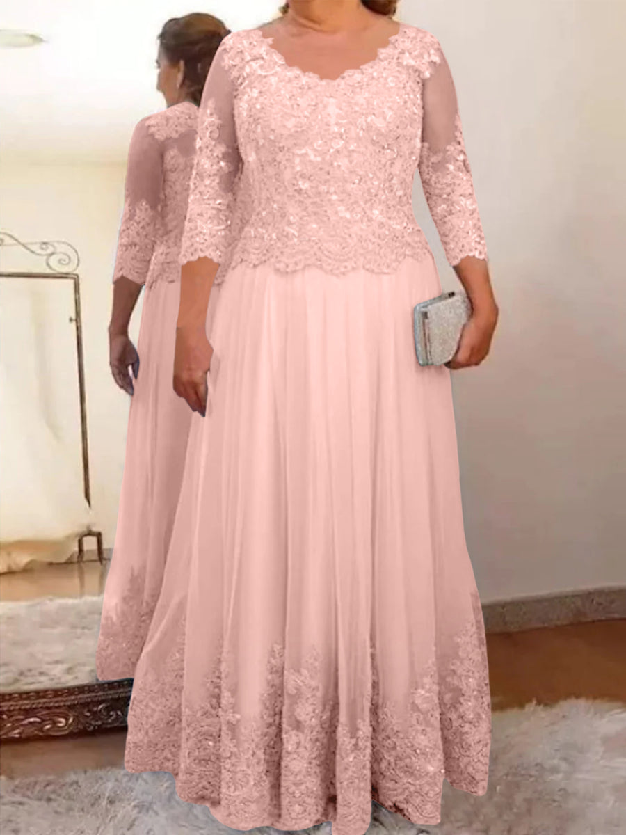 A-Line/Princess Sheer Neck 3/4 Length Sleeves Floor-Length Mother of the Bride Dresses with Applique