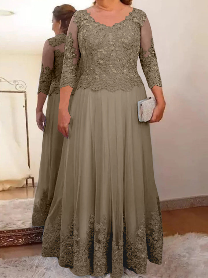 A-Line/Princess Sheer Neck 3/4 Length Sleeves Floor-Length Mother of the Bride Dresses with Applique