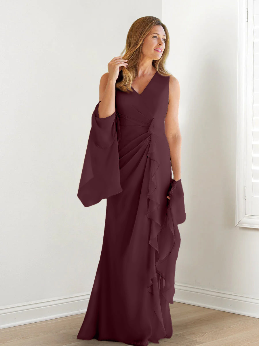 Sheath/Column V-Neck Sleeveless Floor-Length Mother of the Bride Dresses with Wraps & Ruffles Burgundy Sheath/Column V-Neck Sleeveless Floor-Length Mother of the Bride Dresses with Wraps & Ruffles Burgundy