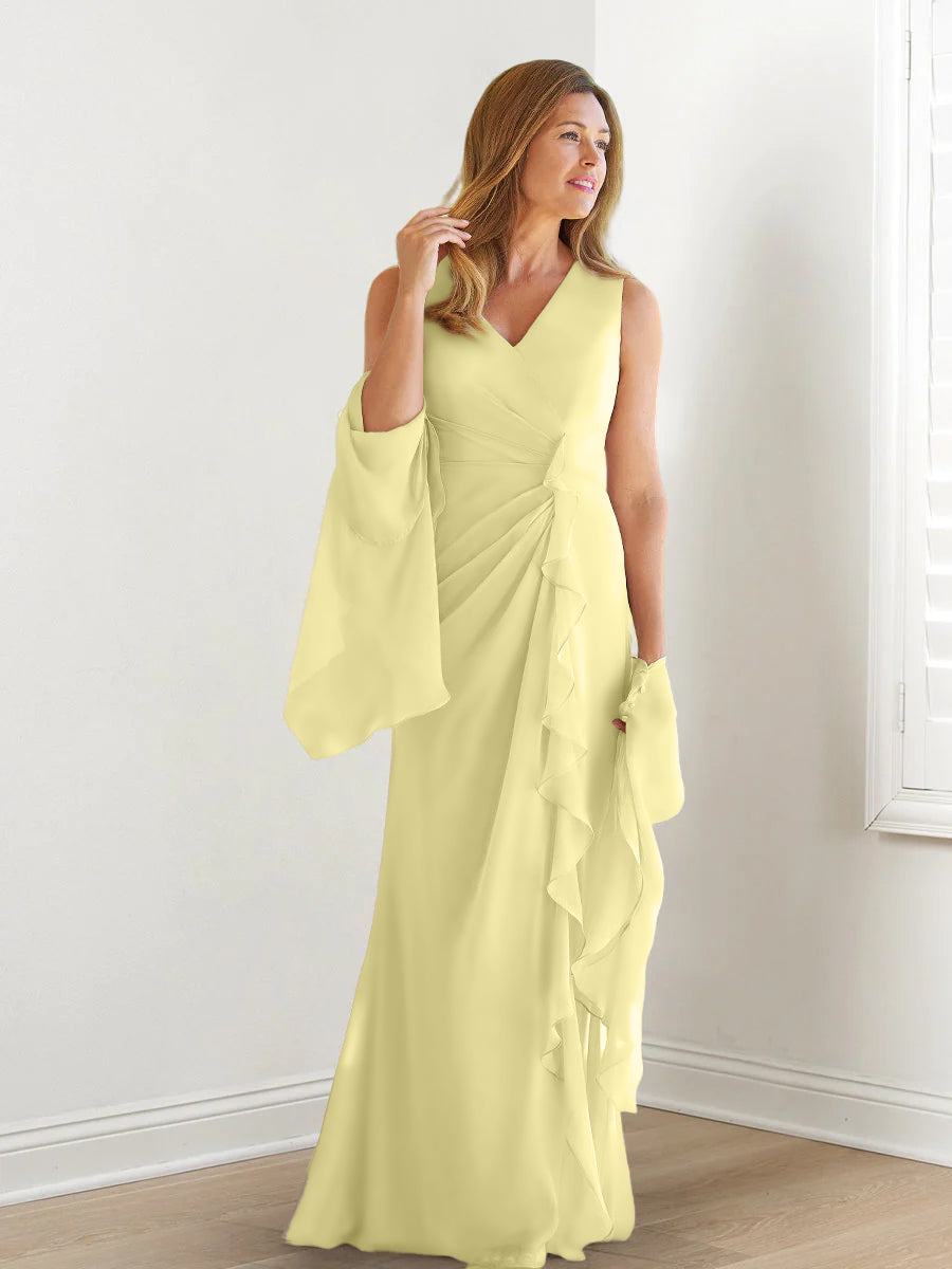 Sheath/Column V-Neck Sleeveless Floor-Length Mother of the Bride Dresses with Wraps & Ruffles Canary
