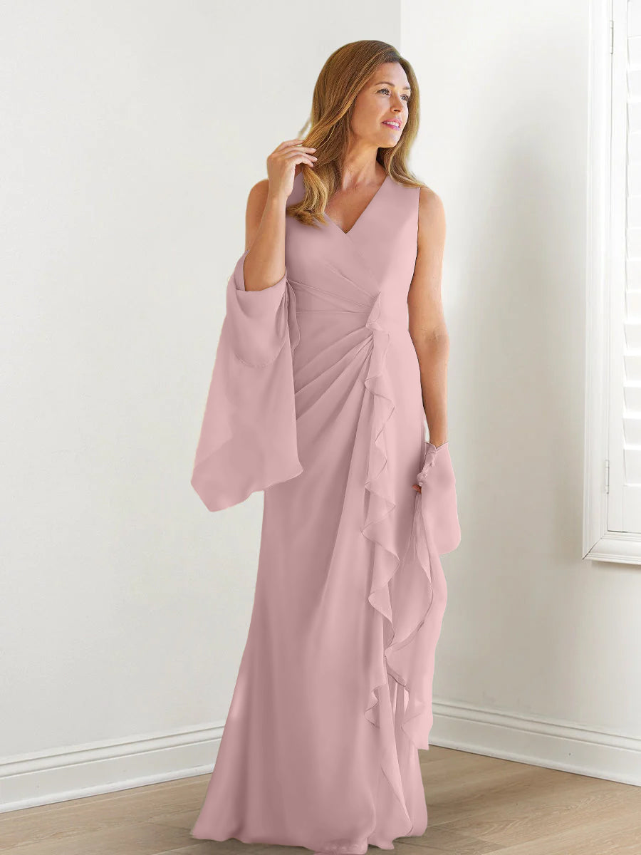 Sheath/Column V-Neck Sleeveless Floor-Length Mother of the Bride Dresses with Wraps & Ruffles Purple Sheath/Column V-Neck Sleeveless Floor-Length Mother of the Bride Dresses with Wraps & Ruffles Purple