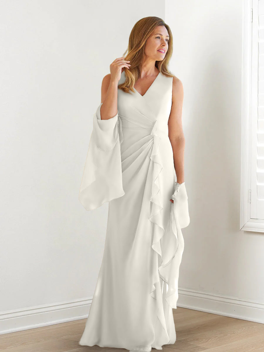 Sheath/Column V-Neck Sleeveless Floor-Length Mother of the Bride Dresses with Wraps & Ruffles Purple Sheath/Column V-Neck Sleeveless Floor-Length Mother of the Bride Dresses with Wraps & Ruffles Purple