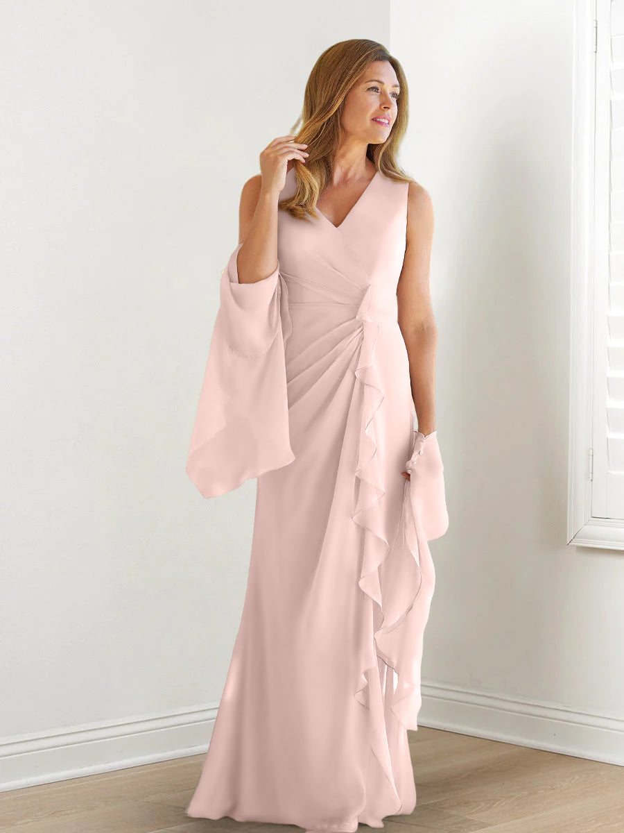 Sheath/Column V-Neck Sleeveless Floor-Length Mother of the Bride Dress - Mondressy Sheath/Column V-Neck Sleeveless Floor-Length Mother of the Bride Dress - Mondressy
