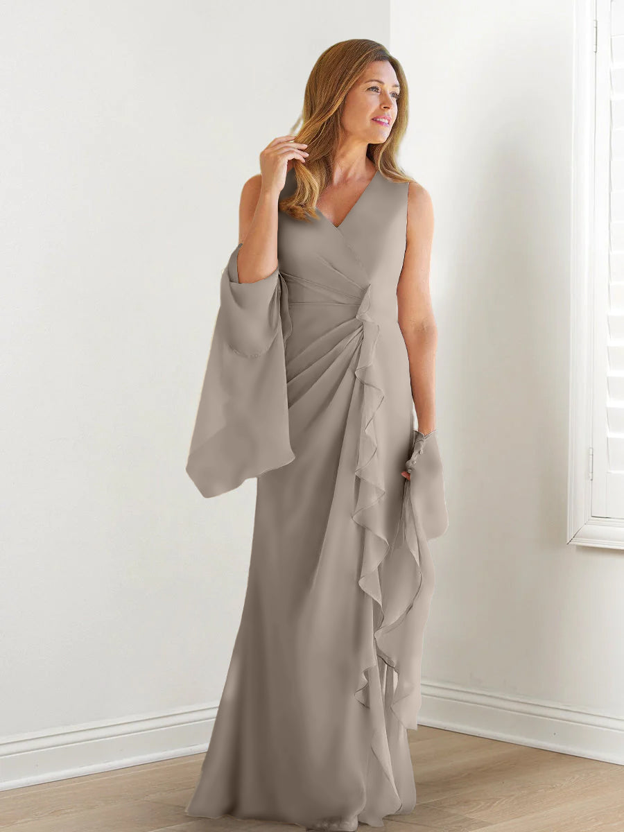 Sheath/Column V-Neck Sleeveless Floor-Length Mother of the Bride Dresses with Wraps & Ruffles Purple Sheath/Column V-Neck Sleeveless Floor-Length Mother of the Bride Dresses with Wraps & Ruffles Purple