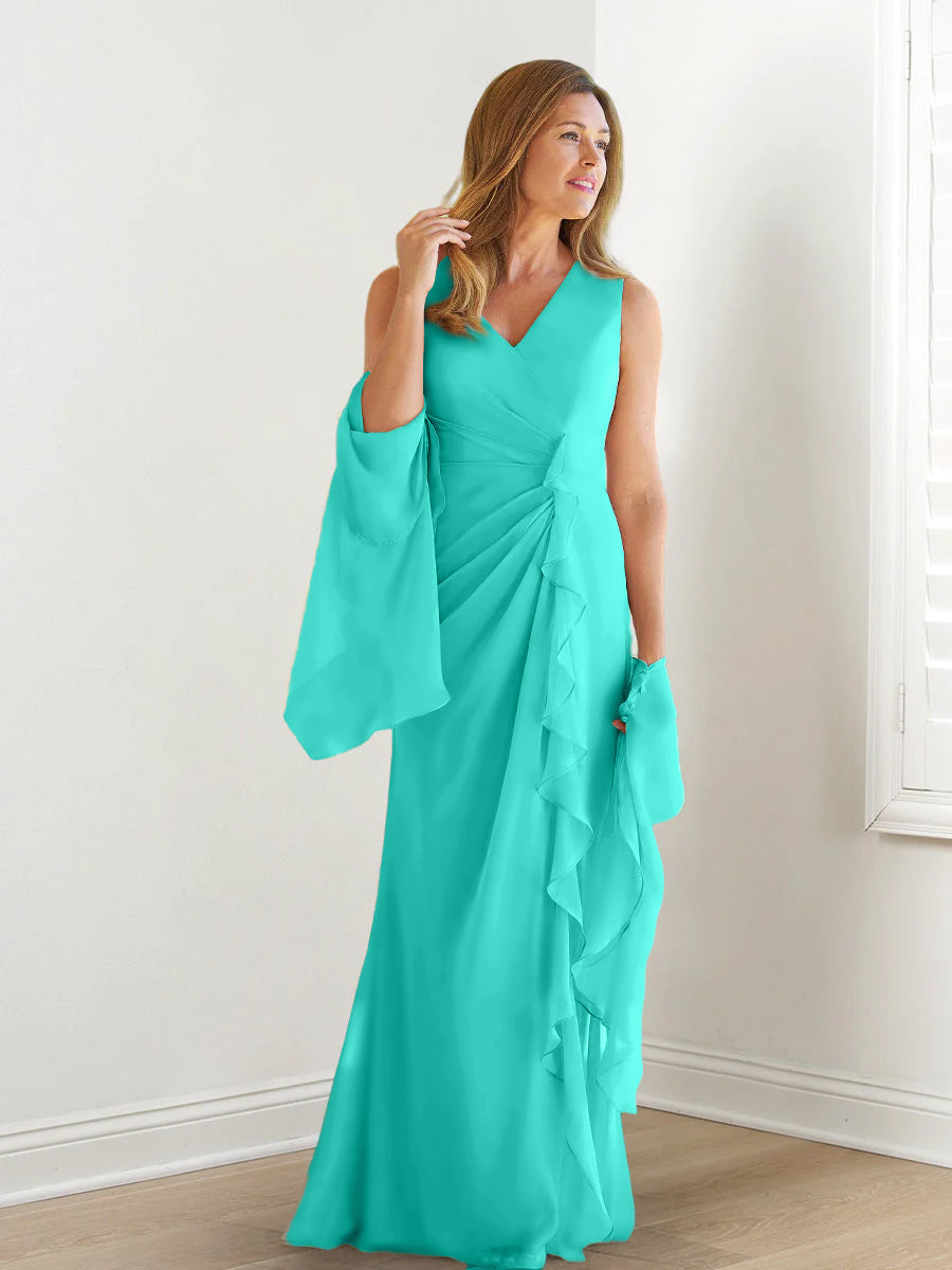 Sheath/Column V-Neck Sleeveless Floor-Length Mother of the Bride Dresses with Wraps & Ruffles Turquoise Sheath/Column V-Neck Sleeveless Floor-Length Mother of the Bride Dresses with Wraps & Ruffles Turquoise