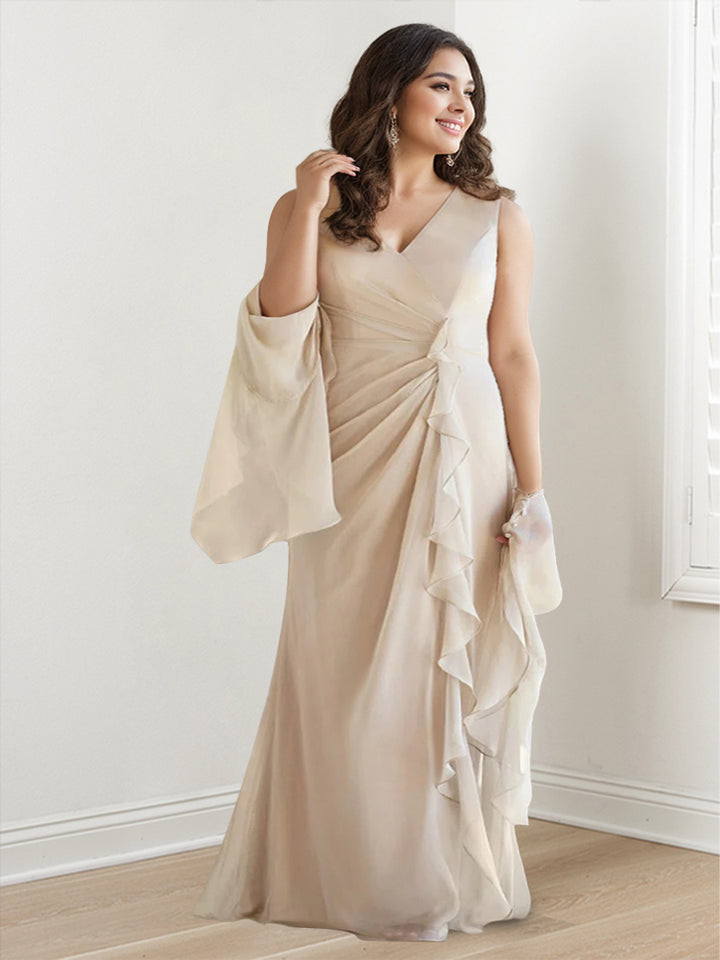 Sheath/Column V-Neck Sleeveless Floor-Length Mother of the Bride Dresses with Wraps & Ruffles