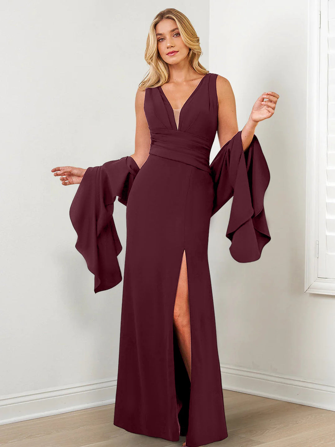 Sheath/Column V-Neck Mother of the Bride Dresses with Wraps & Split Side Brown Sheath/Column V-Neck Mother of the Bride Dresses with Wraps & Split Side Brown