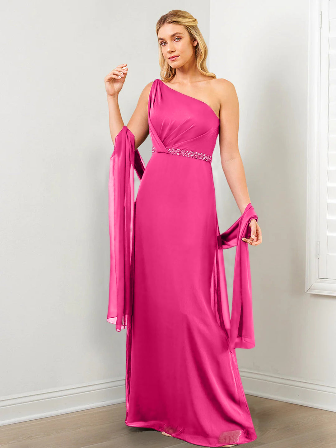 Sheath/Column One-Shoulder Mother of the Bride Dresses with Wraps & Beading