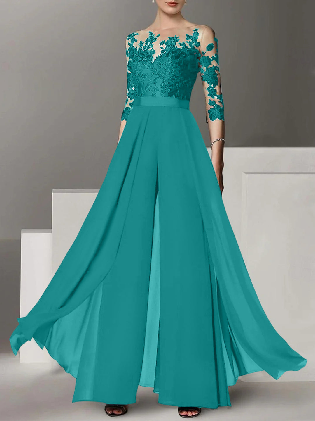 A-Line/Princess Jewel Neck 3/4 Length Sleeves Floor-Length Mother of the Bride Jumpsuits with Applique