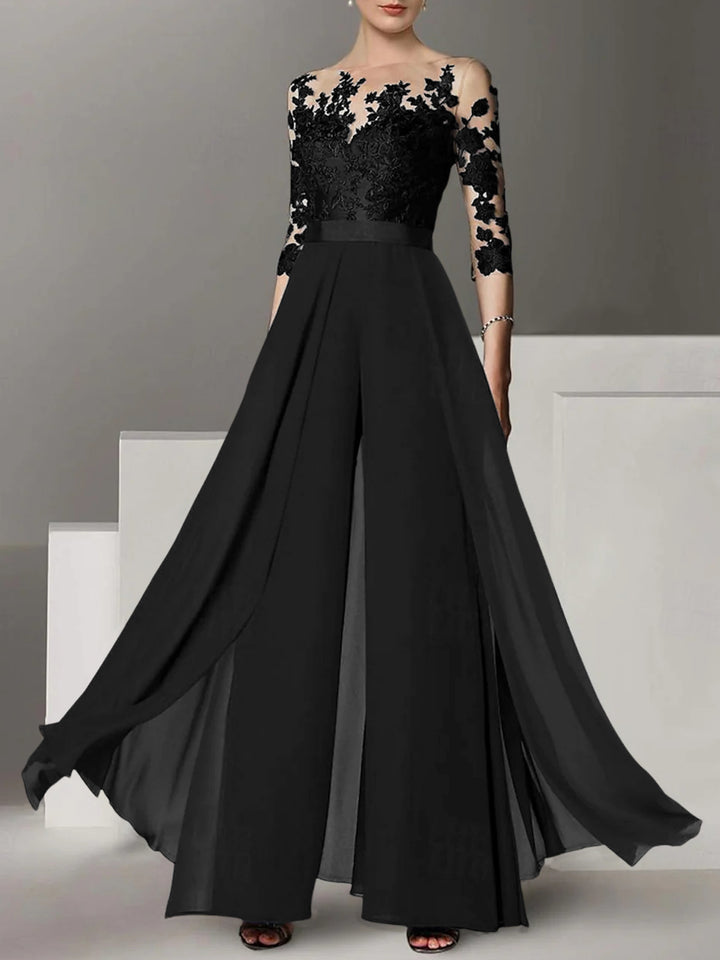 A-Line/Princess Jewel Neck 3/4 Length Sleeves Floor-Length Mother of the Bride Pantsuits with Applique