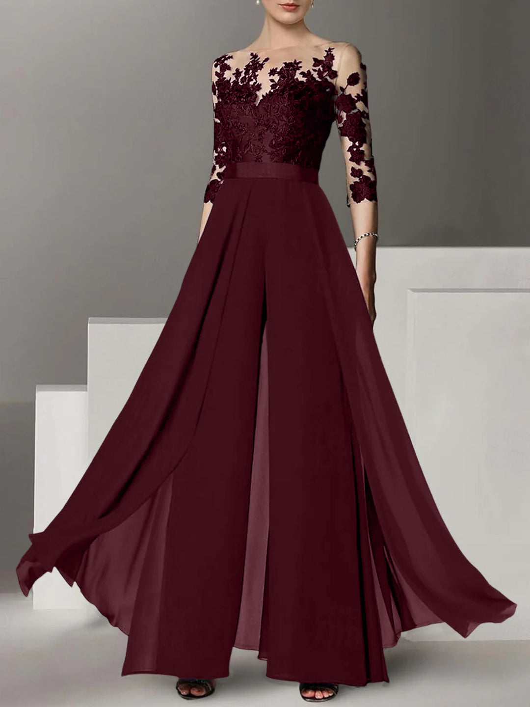 A-Line/Princess Jewel Neck 3/4 Length Sleeves Floor-Length Mother of the Bride Jumpsuits with Applique